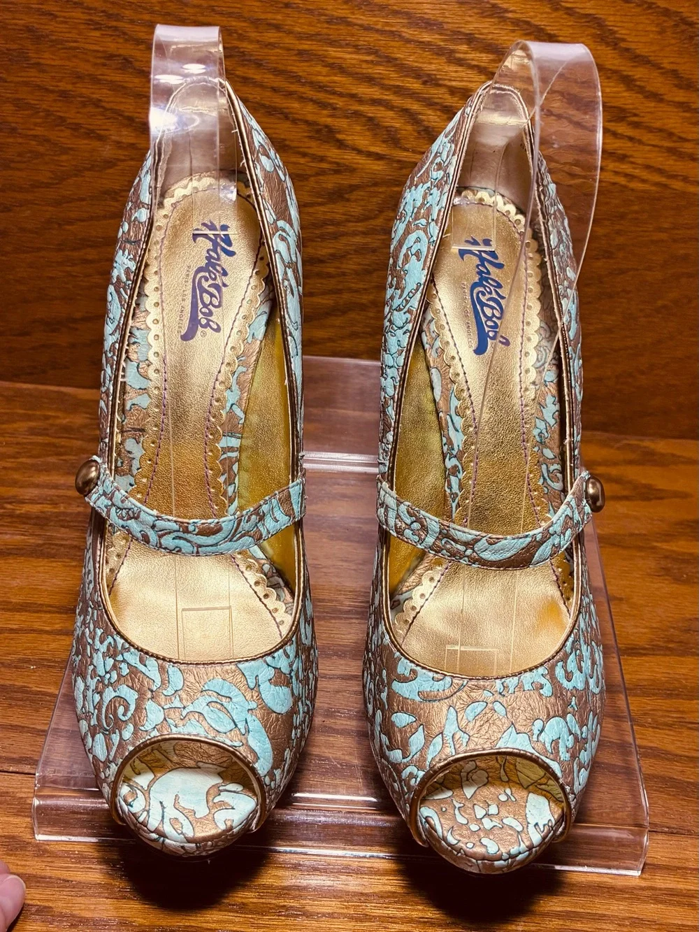 Y2K Vintage Hale Bob Embossed Leather Mary Jane Platform Heels Aqua Bronze Sz 8
